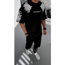 Axxan  Flok Kabartma Baskılı T-Shirt - Siyah
