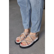 Nilufarr Lolly Beyaz Hakiki Deri Taşlı Kadın Sandalet