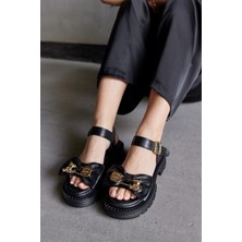 Nilufarr Summer Teddy Siyah Hakiki Deri Kadın Sandalet