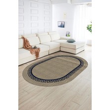 Napoli Home Dijital Kaymaz Yıkanabilir Jüt-Hasır Desen Oval Yolluk Mutfak Salon Halısı, N-O-Jüt-01-Mavi,