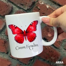 Hediyeci Abla Size Özel Kırmızı Kelebek Canım Kendim Seramik Baskılı Kupa Bardaklar