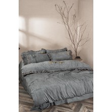 Ecocotton Farah Battal Boy Nevresim Takımı %100 Organik Pamuk Saten Parça Boya El Nakışlı Antrasit 240X220 cm
