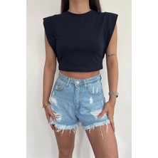 Deli Dolu Moda Kadın Vatka Görünümlü Sıfır Kol Crop Body