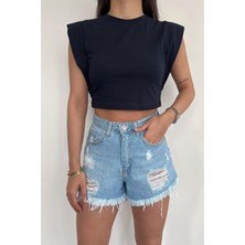 Deli Dolu Moda Kadın Vatka Görünümlü Sıfır Kol Crop Body