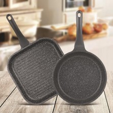 Nidage Kızartma Tavası 2'li Frapan Tava Seti (28 cm Grill, 26CM )- Gri 2 Parça Granit Döküm Gri Yapışmaz T