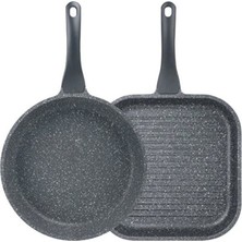 Nidage Kızartma Tavası 2'li Frapan Tava Seti (28 cm Grill, 26CM )- Gri 2 Parça Granit Döküm Gri Yapışmaz T