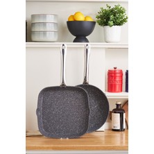 Nidage 2 Parça Biogranit Navy Stone Wok Grill Set Gri Granit Wok Tava Yapışmaz Taban Granit