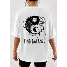 Amor Man Büyük Beden Özel Tasarım Find Balance Sırt Baskılı %100 Pamuk Oversize Battal Kadın T-Shırt