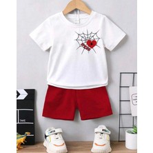 Kids Face Özel Tasarım Kırmızı Kalp Örümcek Ağı Baskılı Dış Mekan Erkek Çocuk T-Shırt Şort Takımı