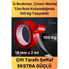 Svein 100 kg Şeffaf Çift Taraflı Çok Amaçlı Güçlü Tamir Silikon Bant Dış Mekan Akrilik Bandı 18 Mm-2 mt