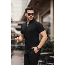 Dayn Gante Erkek Basic Yarım Fermuarlı Slim Fit Düz Polo Yaka Tişört