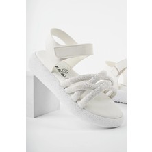 Prego (Arzen Sandalet) Poli Hafif Taban Örgü Desenli Cırtlı Çocuk Sandalet Beyaz