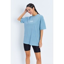 Sizefash Baskılı Bisiklet Yaka Oversize Buz Mavisi T-Shirt