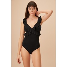 Suwen Fırfırlı Kadın Mayo - Siyah