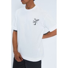 Sizefash Baskılı Bisiklet Yaka Oversize Beyaz T-Shirt