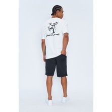 Sizefash Baskılı Bisiklet Yaka Oversize Beyaz T-Shirt