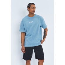 Sizefash Baskılı Bisiklet Yaka Oversize Buz Mavisi T-Shirt