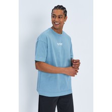 Sizefash Baskılı Bisiklet Yaka Oversize Buz Mavisi T-Shirt