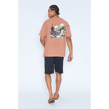Sizefash Baskılı Bisiklet Yaka Oversize Camel T-Shirt