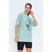 Oversize Bisiklet Yaka Baskılı Kadın Yeşil T-Shirt