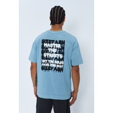 Sizefash Baskılı Bisiklet Yaka Oversize Buz Mavisi T-Shirt