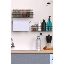 Alsi Home Yapışkanlı Şık Pratik Şampuanlık 2li Metal Kağıt Havluluk Siyah Stantlı Şık Banyo Rafı