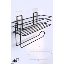 Alsi Home Yapışkanlı Şık Pratik Şampuanlık 2li Metal Kağıt Havluluk Siyah Stantlı Şık Banyo Rafı