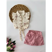 Miniğimin Cicileri Müslin Bel Bağlama Detaylı Şortlu Kız çocuk takım - Pembe