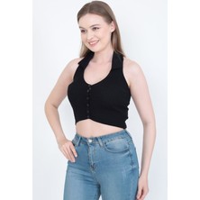 Hebb Club Triko Yakalı Düğmeli Sıfır Kollu Crop