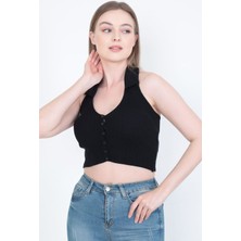 Hebb Club Triko Yakalı Düğmeli Sıfır Kollu Crop