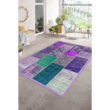 Napoli Home Dijital Baskı Kaymaz Taban Yıkanabilir Patchwork Yolluk Mutfak Salon Halısı, N-Patchwork-01-Mor,
