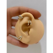 Ares Collection Iki Sıra Zirkon Taşlı Tragus Helix Kıkırdak Kulak Memesi Uyumlu Halka Piercing Küpe (1 Adet )