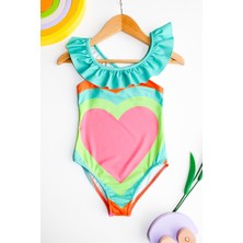 Lolli Boom Kids  Kız Çocuk Renkli Kalpler Desen Neon Renkler Fırfır Yaka Detaylı Mayo Yeni Sezon