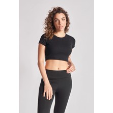 Defy's Kadın Bisiklet Yaka Kısa Kollu Basic Crop Siyah