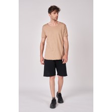 Defy's Erkek Kayık Yaka Kısa Kollu Regular Fit Basic Tişört Vizon