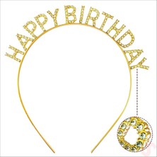 Ece Store Altın Gold Renk Kristal Taşlı Parlak Happy Birthday Taç 16X17 cm