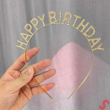 Ece Store Altın Gold Renk Kristal Taşlı Parlak Happy Birthday Taç 16X17 cm