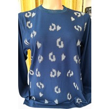 Akşen Giyim Büyük Beden Örme Bisiklet Yaka Kabartma Parça Baskılı Yüksek Kalite Uzun Kollu Anne Bluz