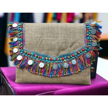 Vertiginoso Mavi Renkli Püsküllü Hasır Kadın Portföy Clutch El ve Kol Çantası