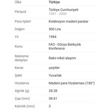 Deren Pecunia 1984 Yılı Fao Hatıra 500 Lira Çil  *nadir*