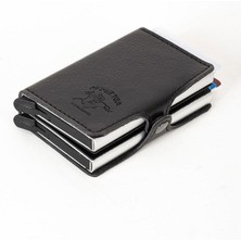 Newish Polo Siyah Deri Otomatik Kart Çekim Önleyici Alüminyum Çift Mekanizmalı Kartlık Ve Cüzdan newpolo027