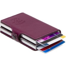 Newish Polo Mor Deri Otomatik Kart Çekim Önleyici Alüminyum Çift Mekanizmalı Kartlık Ve Cüzdan newpolo027