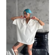 YS Innovation Unisex Yarım Fermuarlı Düz Oversize T-Shirt - Beyaz