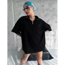 Stil Aura Unisex Yarım Fermuarlı Düz Oversize T-Shirt - Siyah