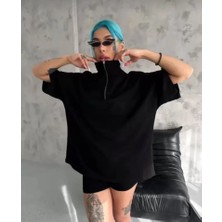 Stil Aura Unisex Yarım Fermuarlı Düz Oversize T-Shirt - Siyah