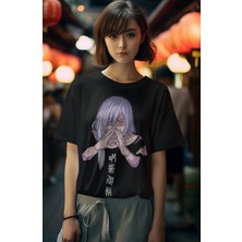 Fuddy Moda Oversize Jujutsu Kaisen Mahito Tişört, Unisex Anime Baskılı Siyah T-Shirt