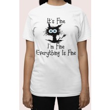 Fuddy Moda Oversize Sevimli Kedili Tişört, O Iyi Ben Iyiyim Herşey Yolunda Yazılı Unisex T-Shirt