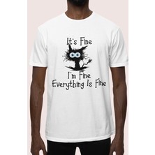 Fuddy Moda Oversize Sevimli Kedili Tişört, O Iyi Ben Iyiyim Herşey Yolunda Yazılı Unisex T-Shirt