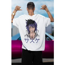 Fuddy Moda Oversize Uchiha Sasuke Sırt Baskılı T-Shirt, Unisex Anime Baskılı Tişört