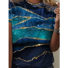 Moda Daphne Bisiklet Yaka Mavi Sim Okyanus Desen Baskılı Sandy Bluz /104754